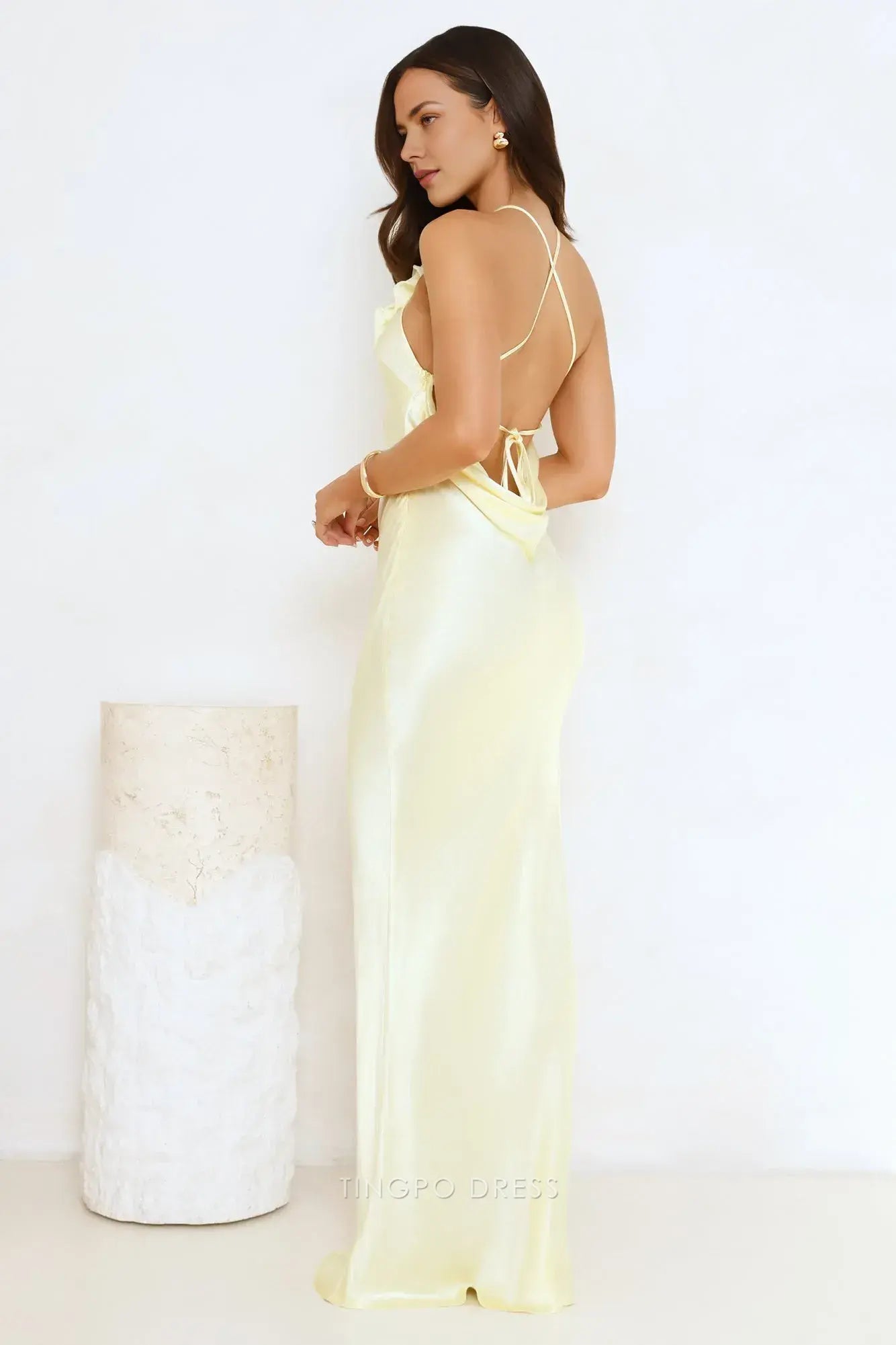 Elegant Yellow Halter Neck Maxi Dress with Floral Detail and Open Back Prom Dress